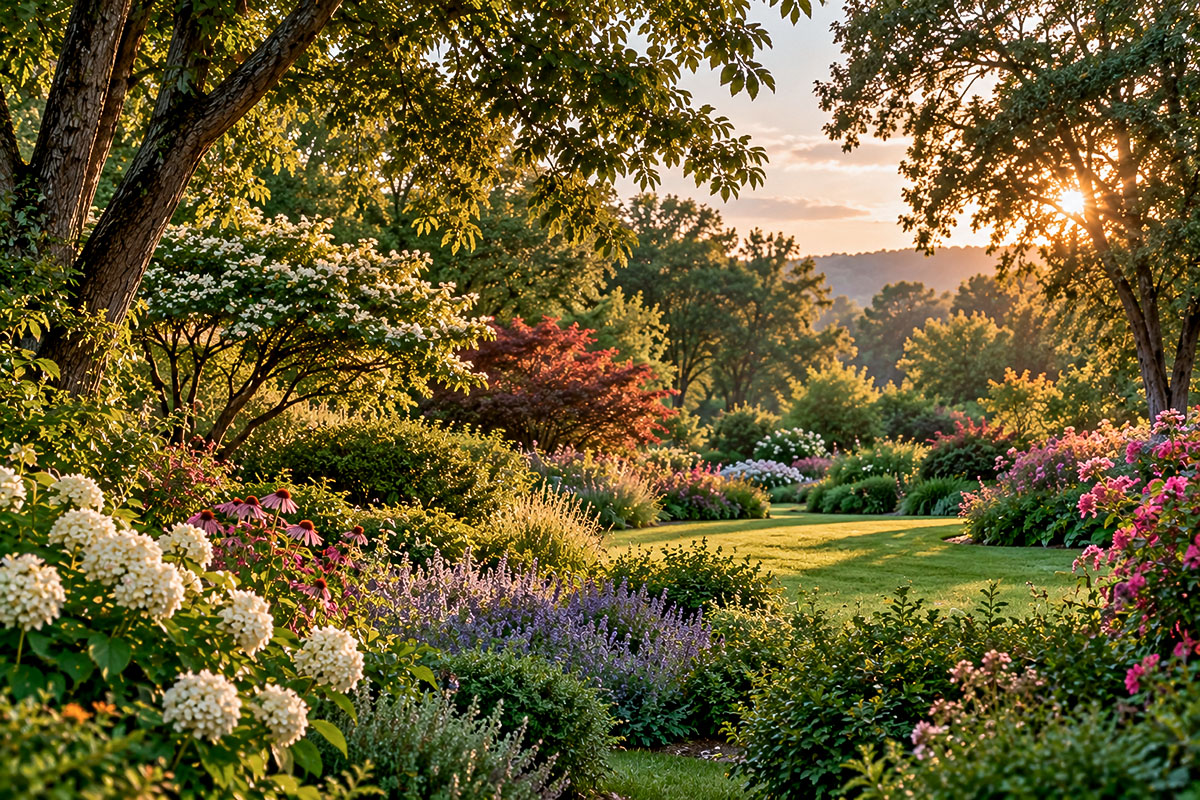 Mature garden with colorful flowers at sunset