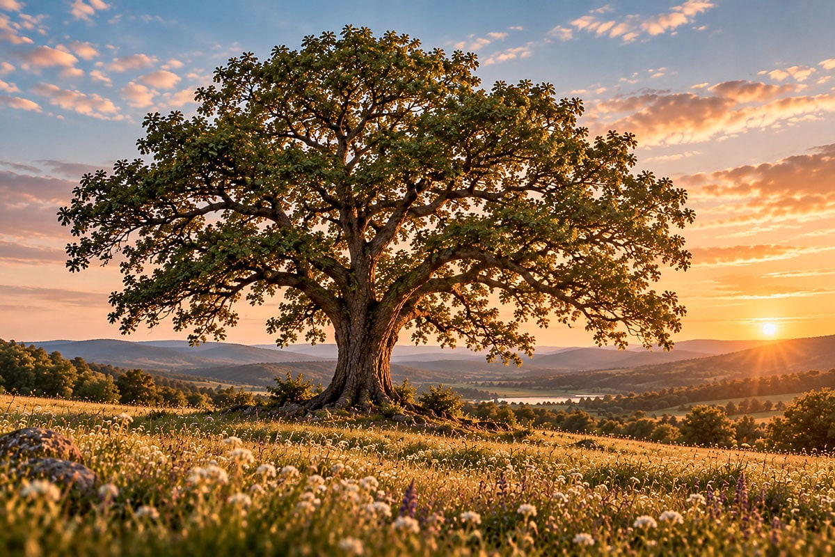 Mature oak tree surrounded by wildflowers at sunset
