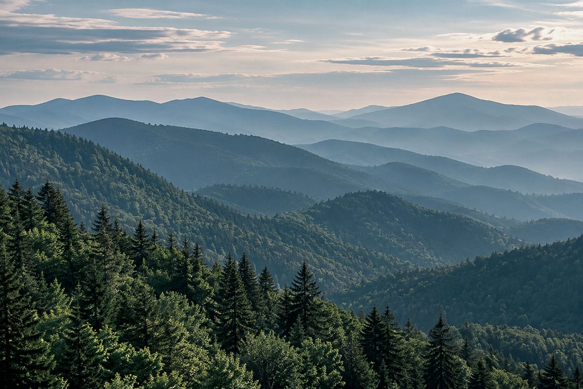 Layered forested mountain ridges fading into the distance